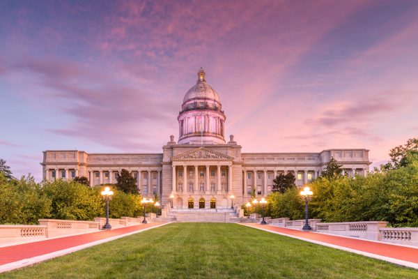 Frankfort, Kentucky, USA with the Kentucky State Capitol at dusk.